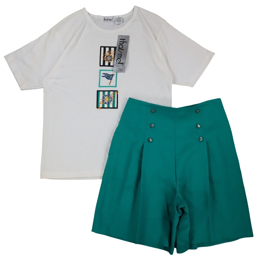 That's Me! 2-Piece Short Set Womens M/7-8 Vintage 90s Nautical Teal White NWT